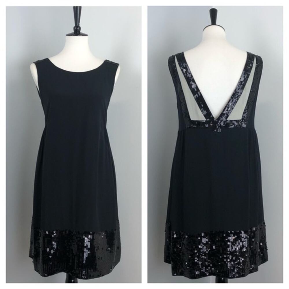 See By Chloe Black Silk Sequin Deep V Mesh Back Sleeveless Shift Dress Sz 6